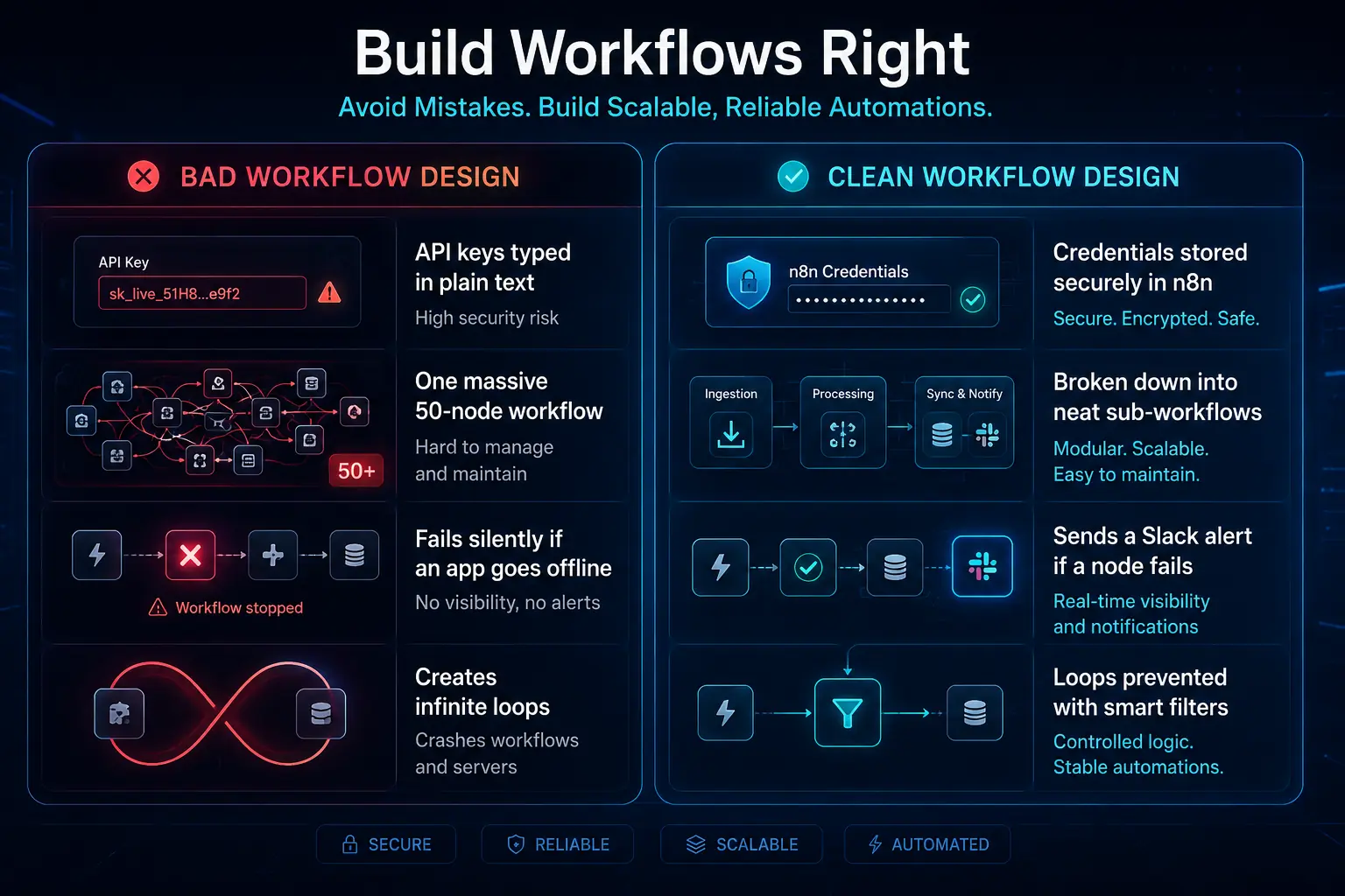 Before vs. After table showing bad workflow design vs. clean workflow design