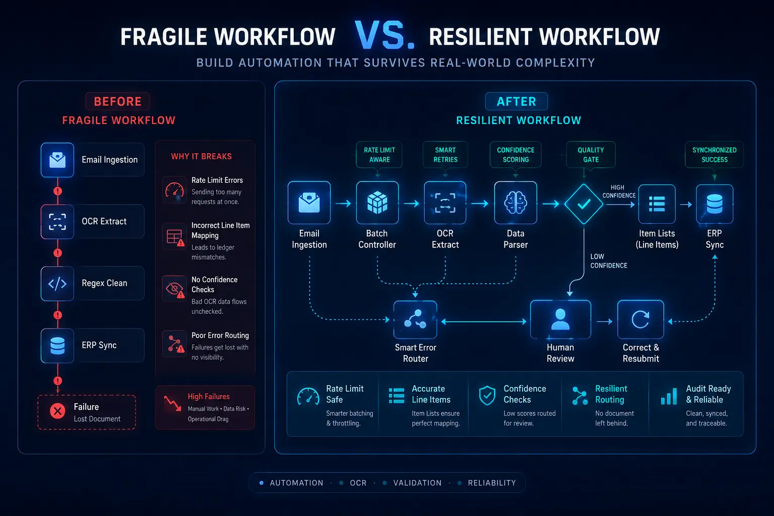 A cinematic enterprise SaaS comparison visual showing a fragile invoice automation pipeline evolving into a resilient AI-orchestrated workflow system.