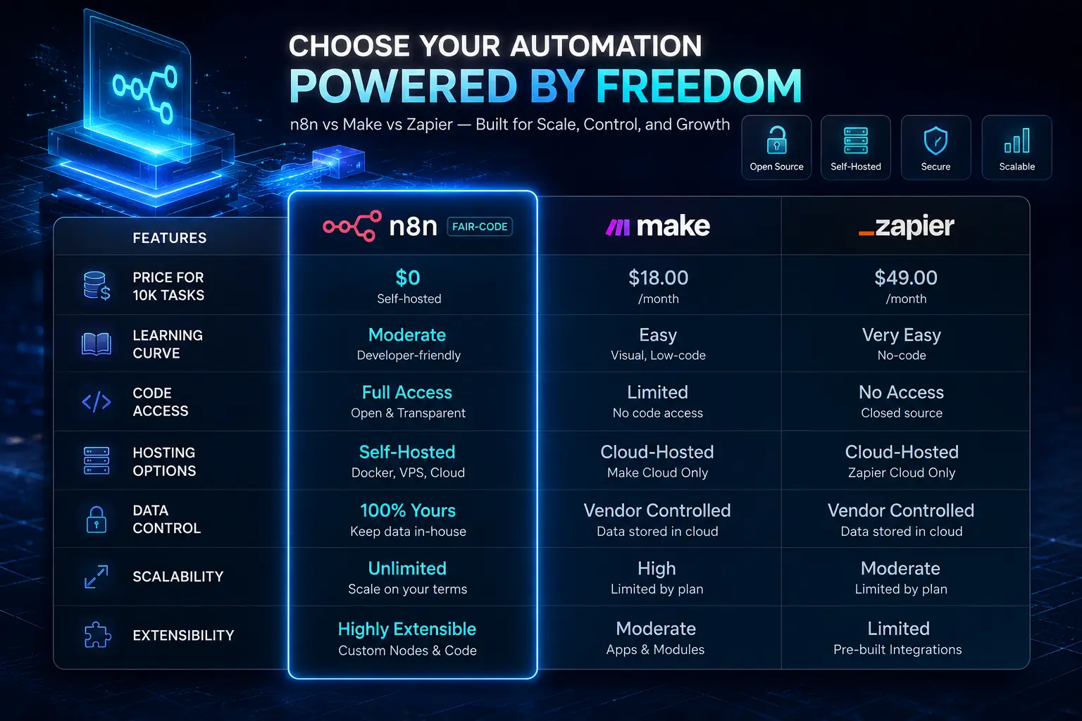 Comparison table highlighting features, price for 10k tasks, learning curve, and hosting options