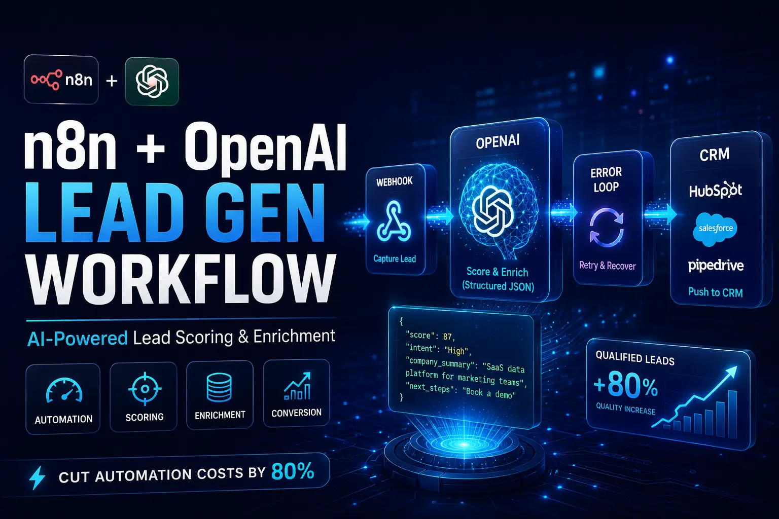 n8n and OpenAI lead generation workflow diagram showing JSON mapping and API nodes. - n8n lead generation workflow